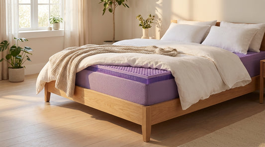 A how much is a purple mattress in a beautifully styled bedroom