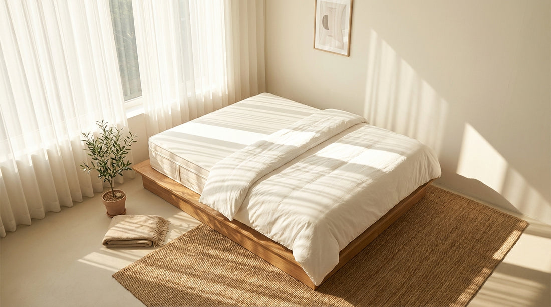 A the measurements of a full size mattress in a beautifully styled bedroom